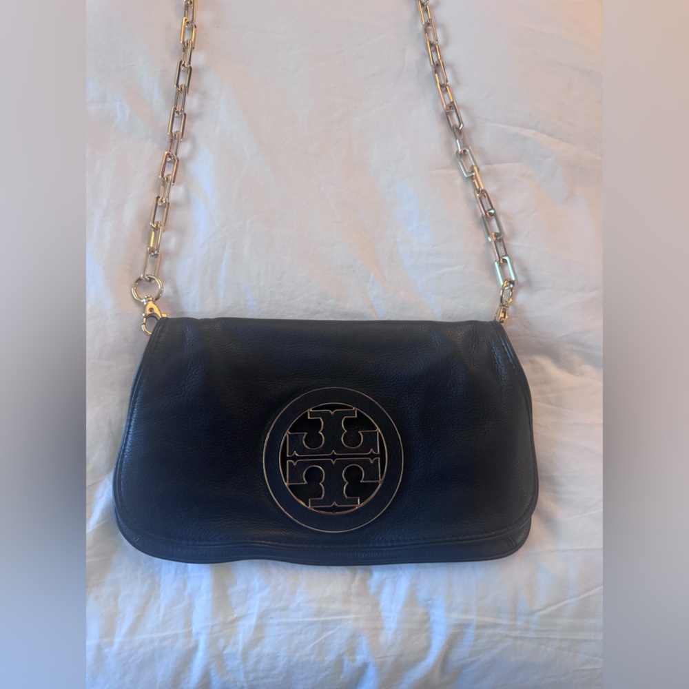 Tory Burch Black Leather Shoulder Bag with Gold Chain